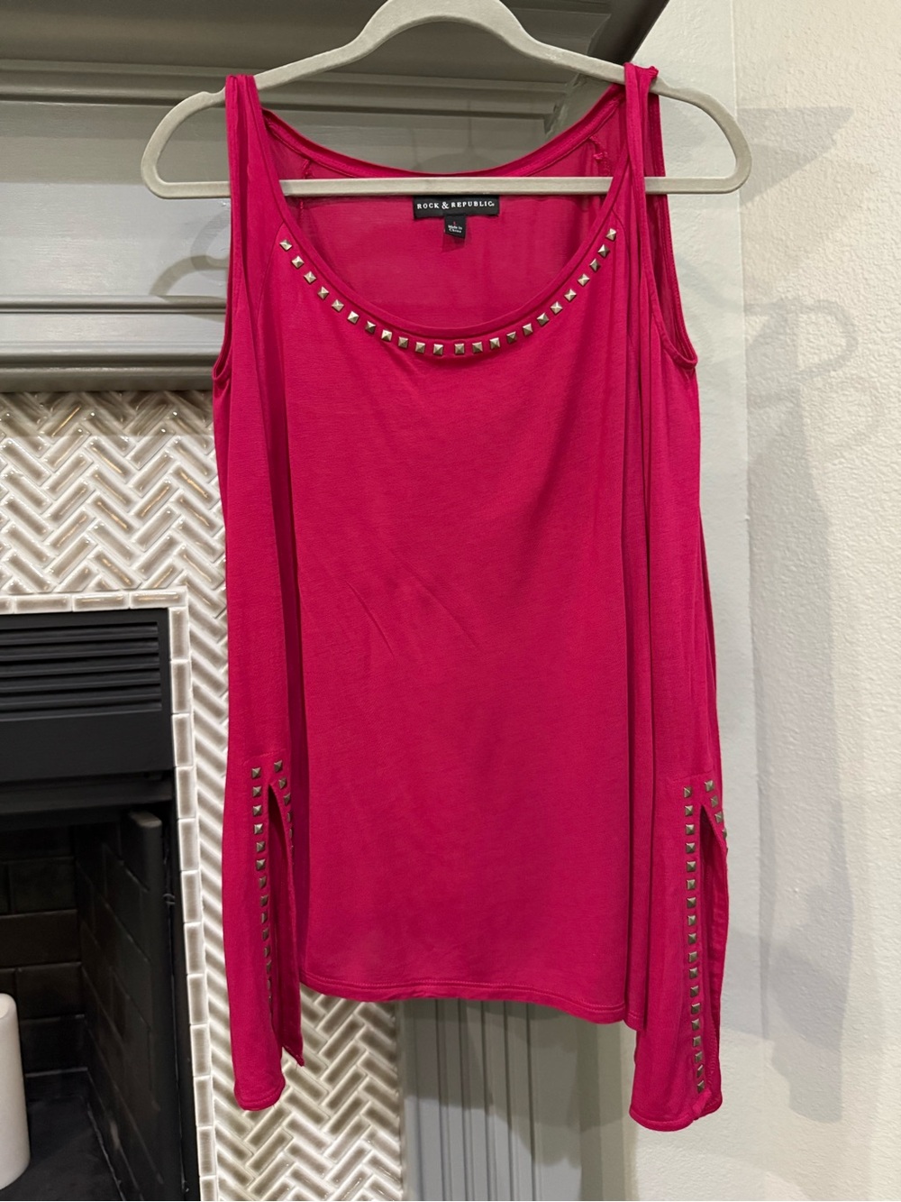 Rock & Republic Pink Studded Long-Sleeve, cold-shoulder Top